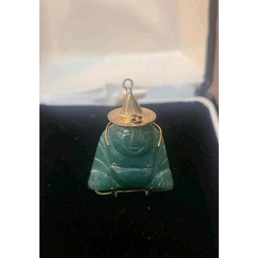 Genuine Green Jade and 14K 585 Gold Pendant Happy Buddha Carving Vintage